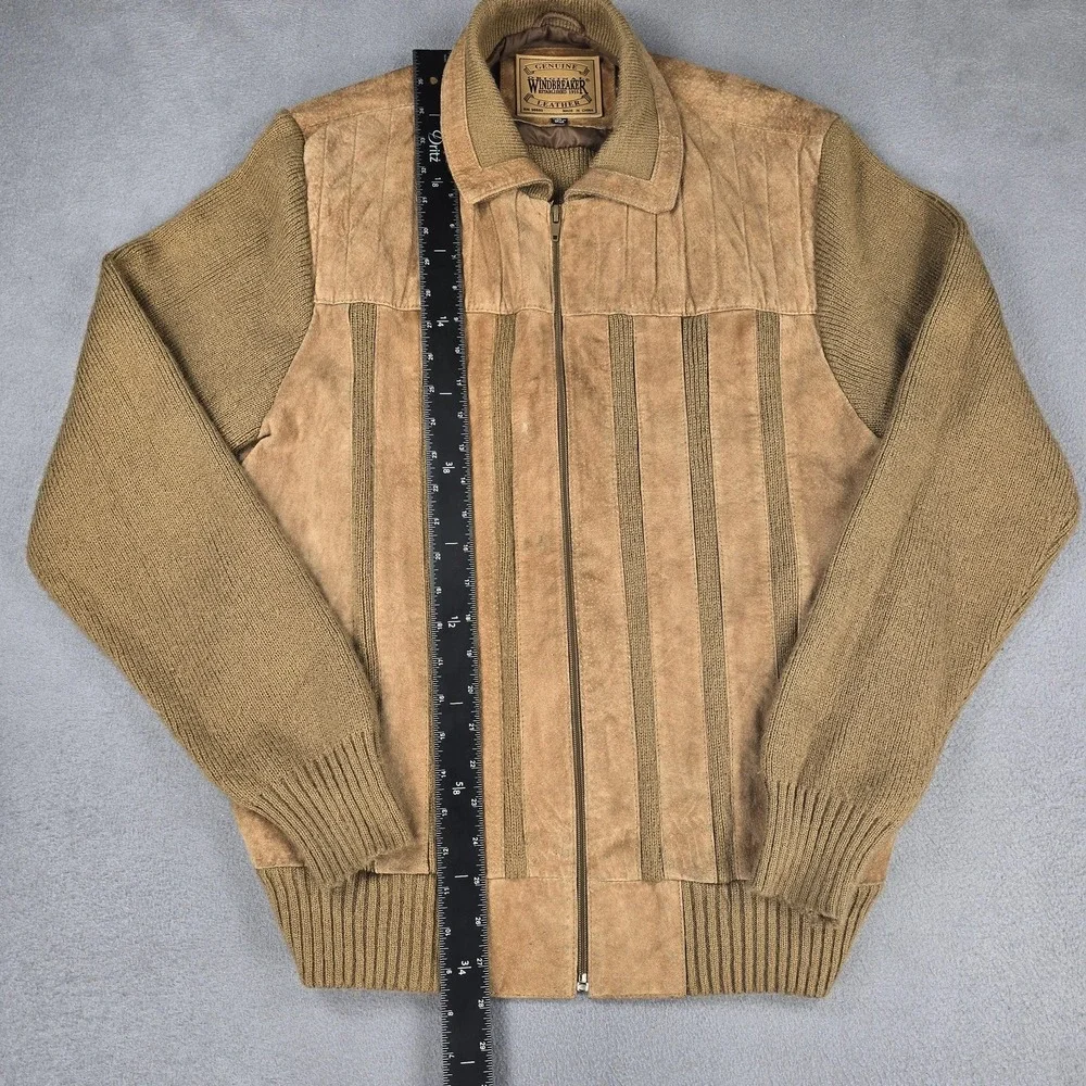 Original Windbreaker Jacket Mens Medium Beige Leather Knit Bomber Zip Striped‎ - Picture 5 of 8